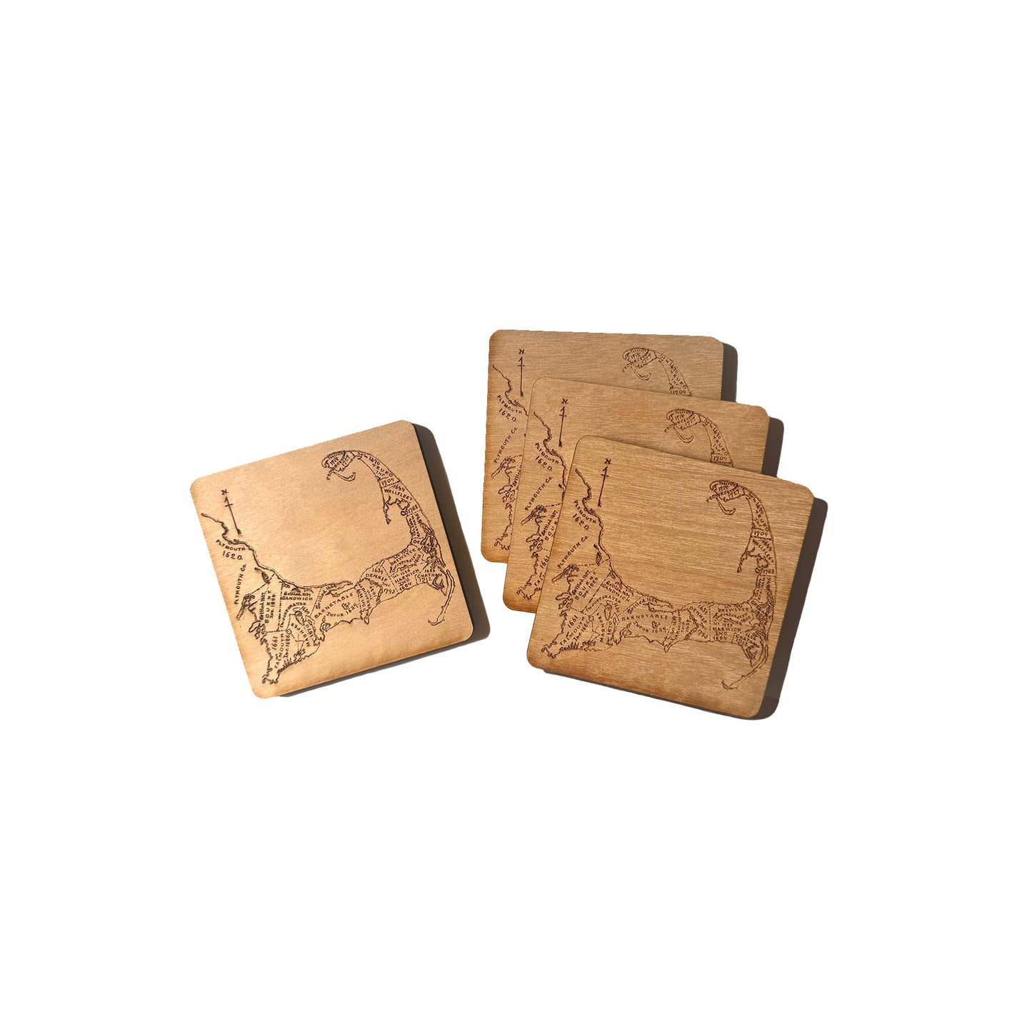 Cape Cod Map Drink Coasters Set | Laser Engraved Real Wood with Cork Backing – East Coast Coastal Decor Housewarming Gift