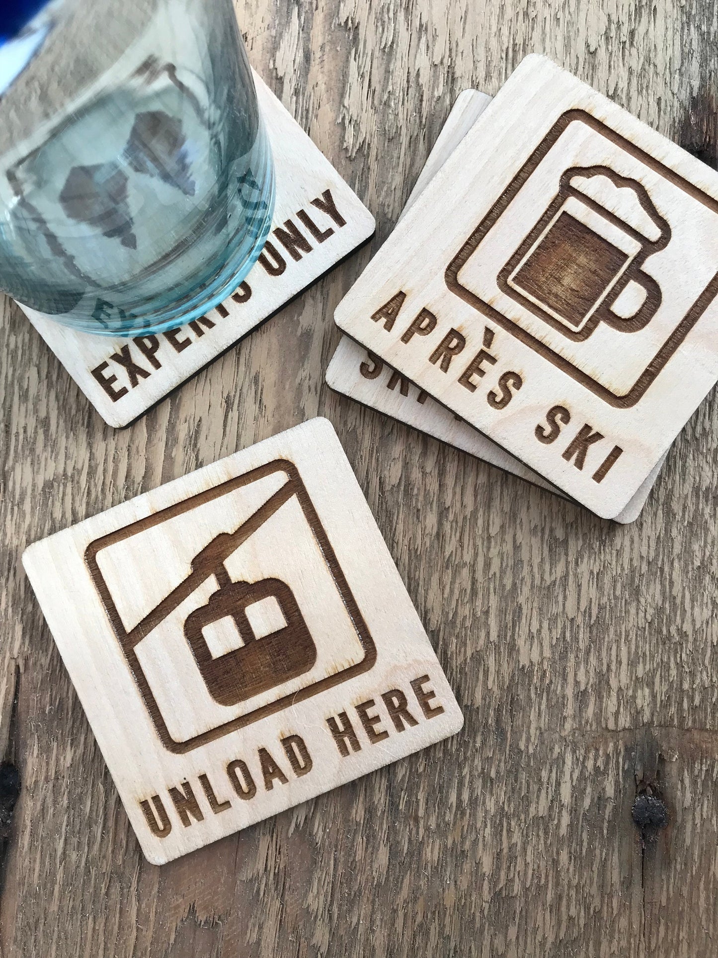 Mountain Ski Chalet Set of 4 Wood Coasters | Experts Only, Unload Here, Ski Patrol, Apres Ski | Winter Sports Snowboard Present |