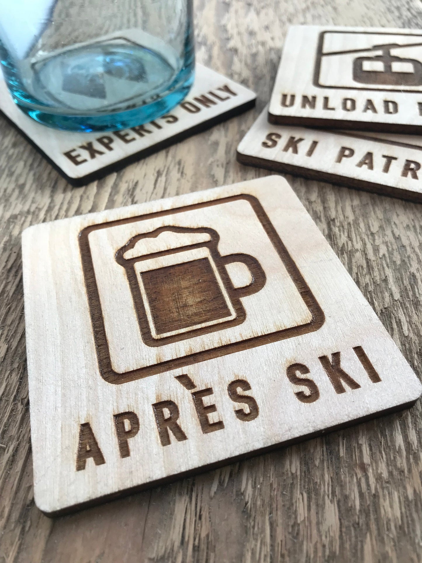 Mountain Ski Chalet Set of 4 Wood Coasters | Experts Only, Unload Here, Ski Patrol, Apres Ski | Winter Sports Snowboard Present |