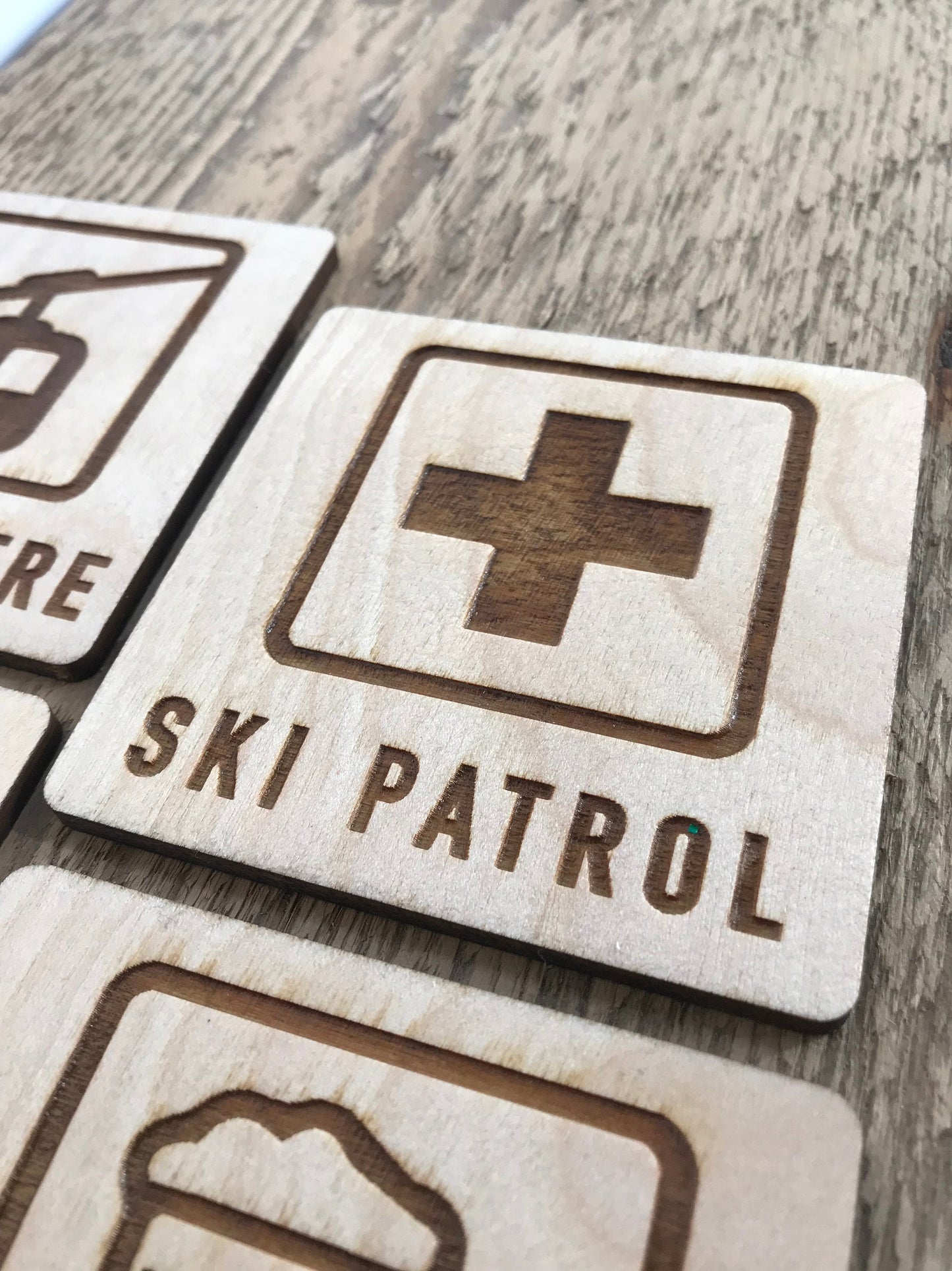 Mountain Ski Chalet Set of 4 Wood Coasters | Experts Only, Unload Here, Ski Patrol, Apres Ski | Winter Sports Snowboard Present |