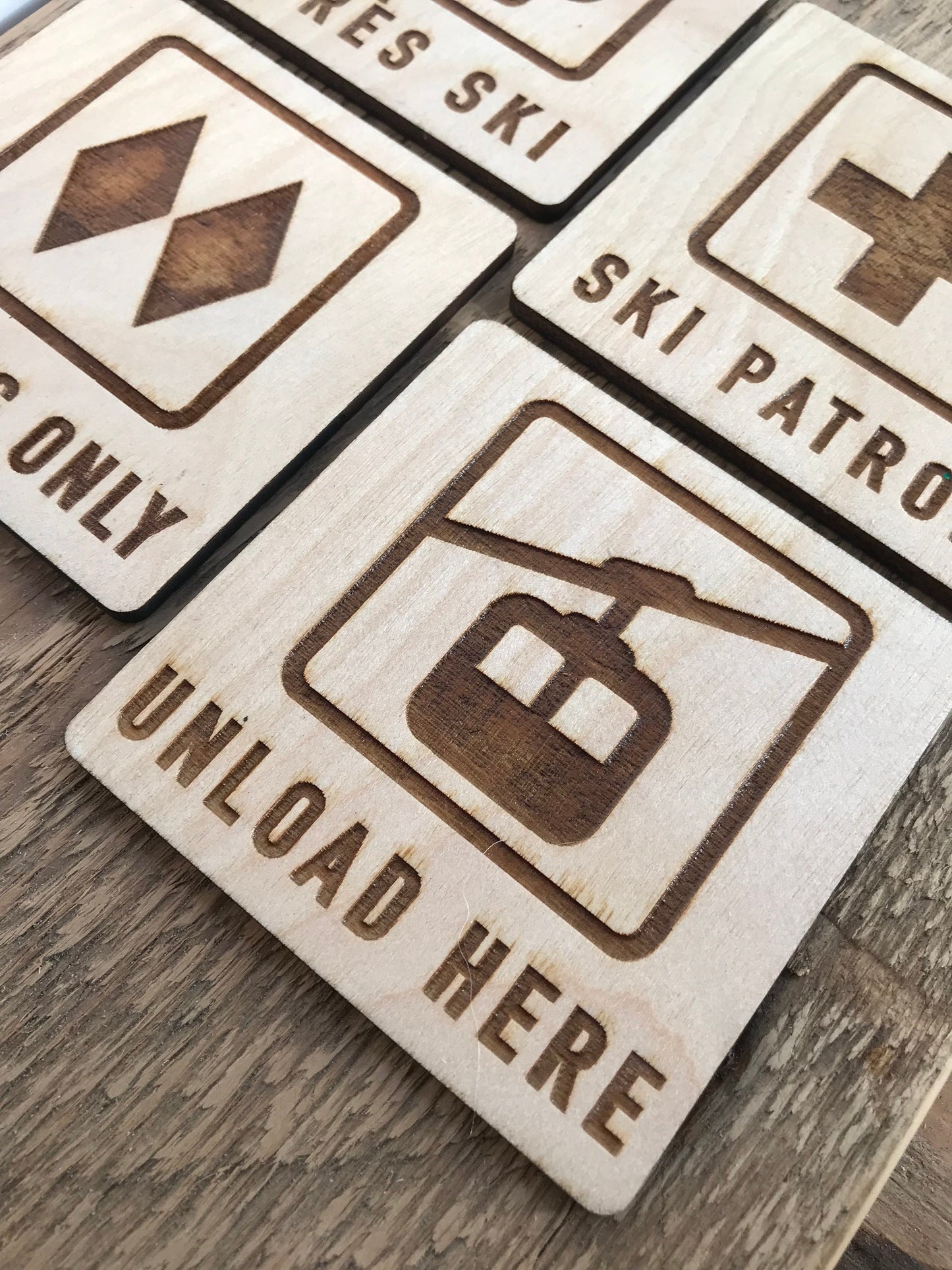 Mountain Ski Chalet Set of 4 Wood Coasters | Experts Only, Unload Here, Ski Patrol, Apres Ski | Winter Sports Snowboard Present |