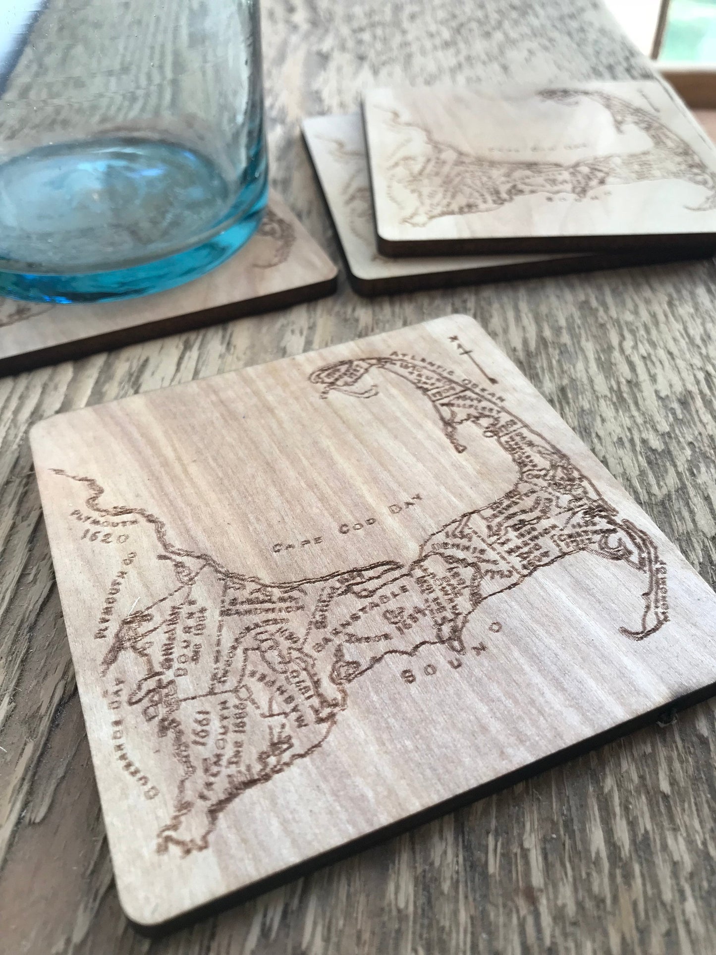 Cape Cod Map Drink Coasters Set | Laser Engraved Real Wood with Cork Backing – East Coast Coastal Decor Housewarming Gift