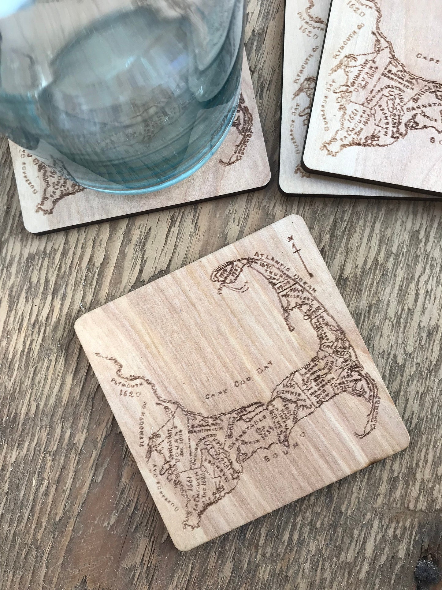 Cape Cod Map Drink Coasters Set | Laser Engraved Real Wood with Cork Backing – East Coast Coastal Decor Housewarming Gift