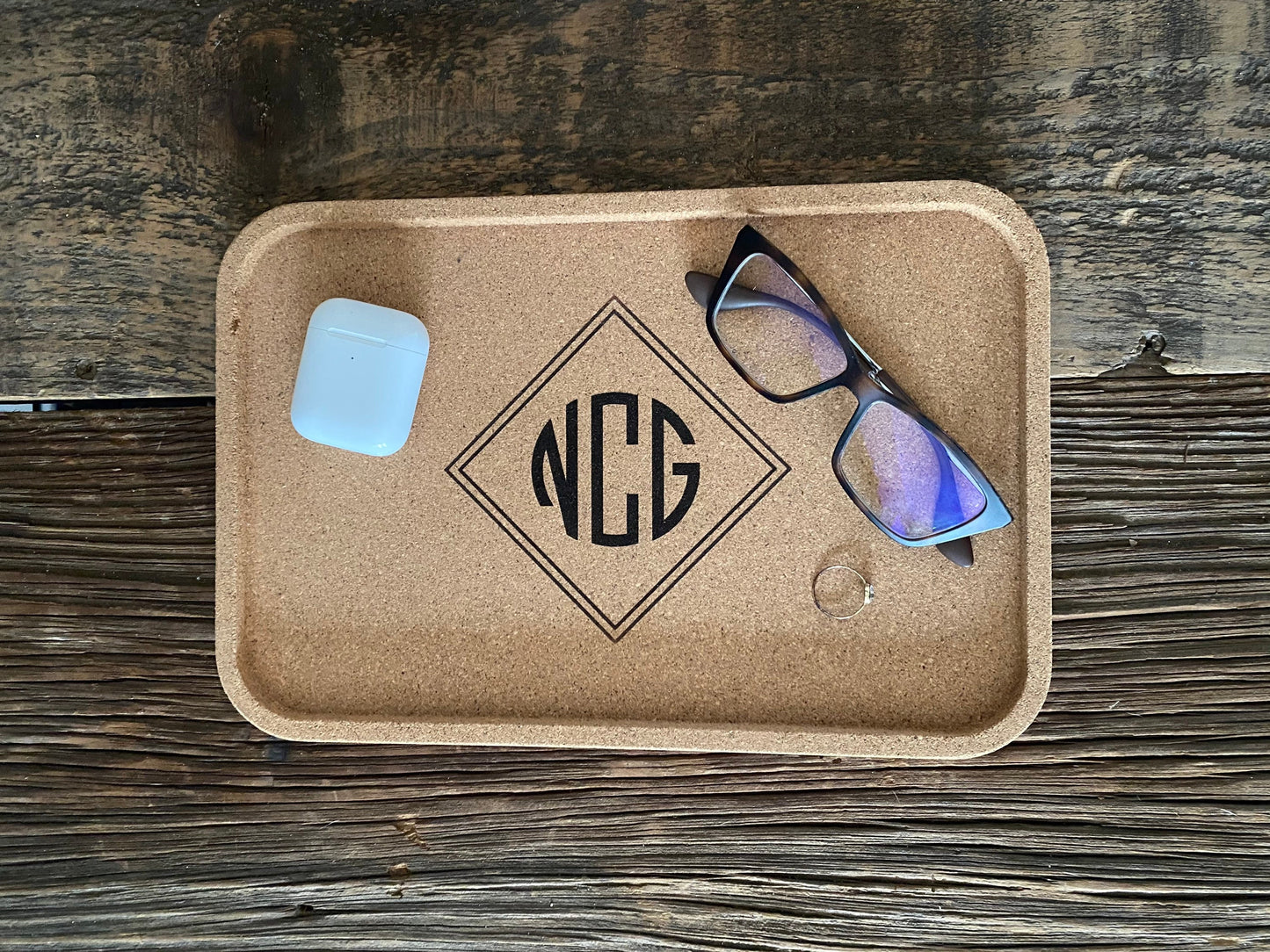 Custom Engraved Monogram Bedside Desk Cork Tray | Nightstand Phone Wallet Office Organizer Personalized Present Wedding Ring Jewelry Holder