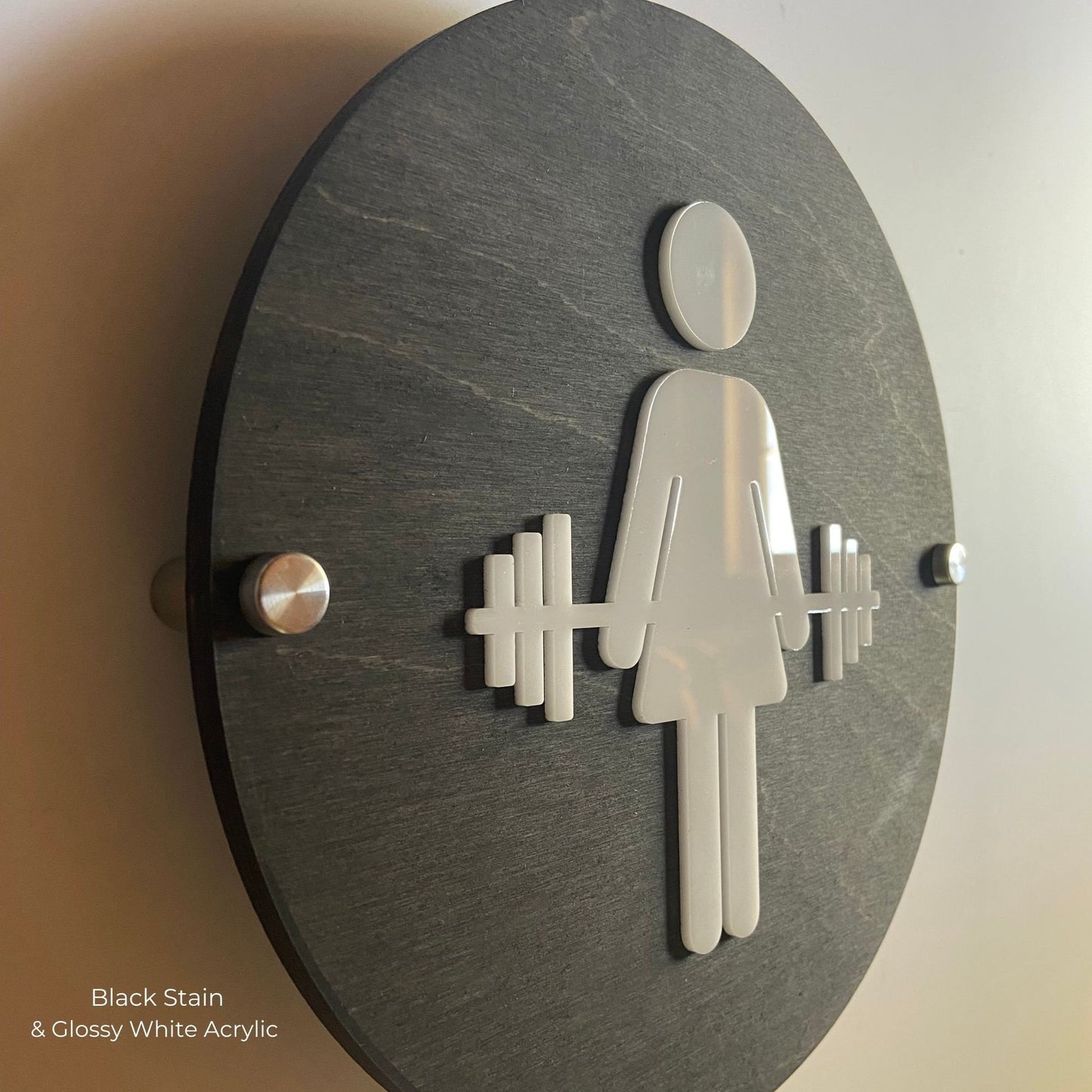 Crossfit Gym Bathroom Women Men Unisex Cycling Studio Restroom Signs Acrylic Rustic Wood 9 x 9 "| Priced per sign not as a set