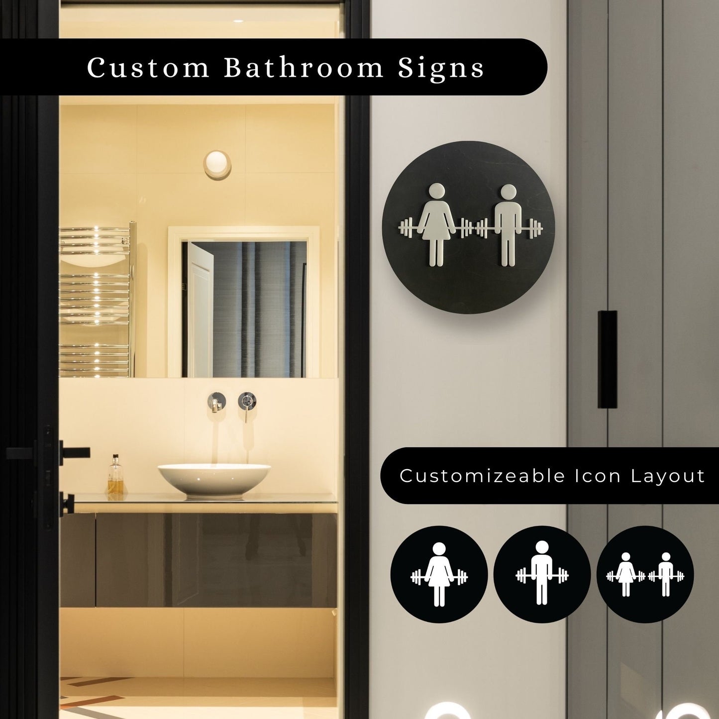Crossfit Gym Bathroom Women Men Unisex Cycling Studio Restroom Signs Acrylic Rustic Wood 9 x 9 "| Priced per sign not as a set