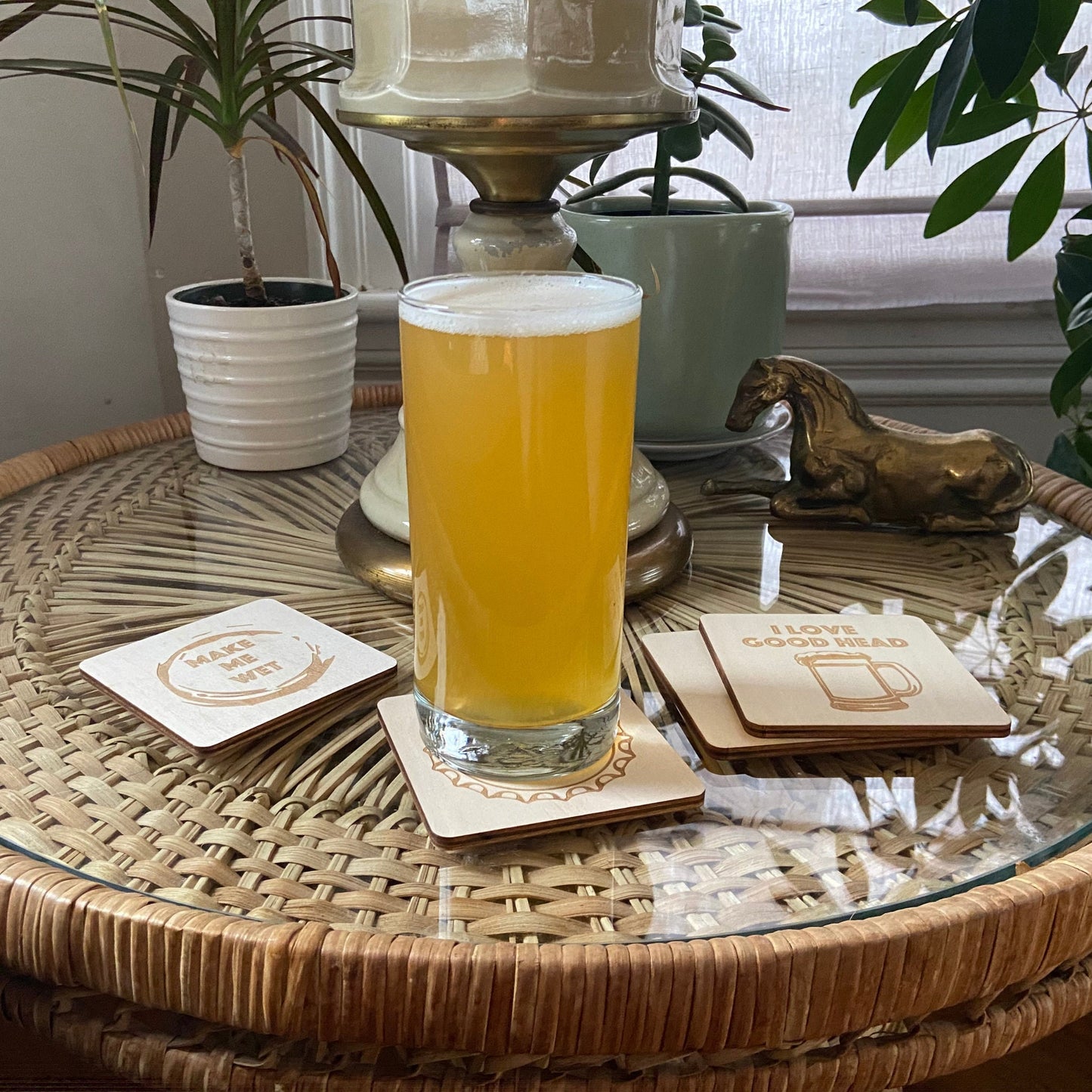 Beer Coasters | Set of 4 | Laser Engraved Real Wood Drink Coaster with Cork Backing - Housewarming Gift