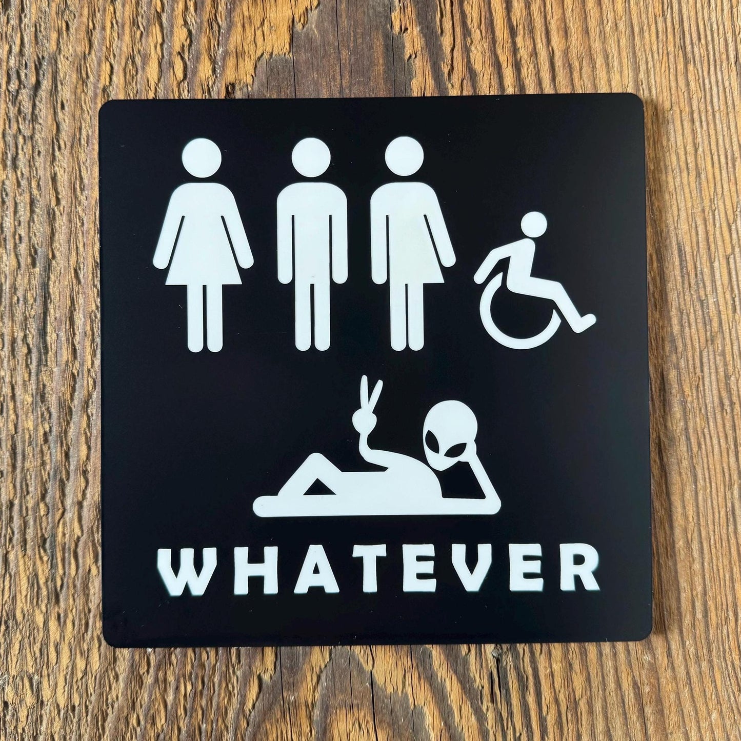 Whatever Gender Neutral Alien Bathroom Sign 6x6 or 9x9 | Cafe Restroom