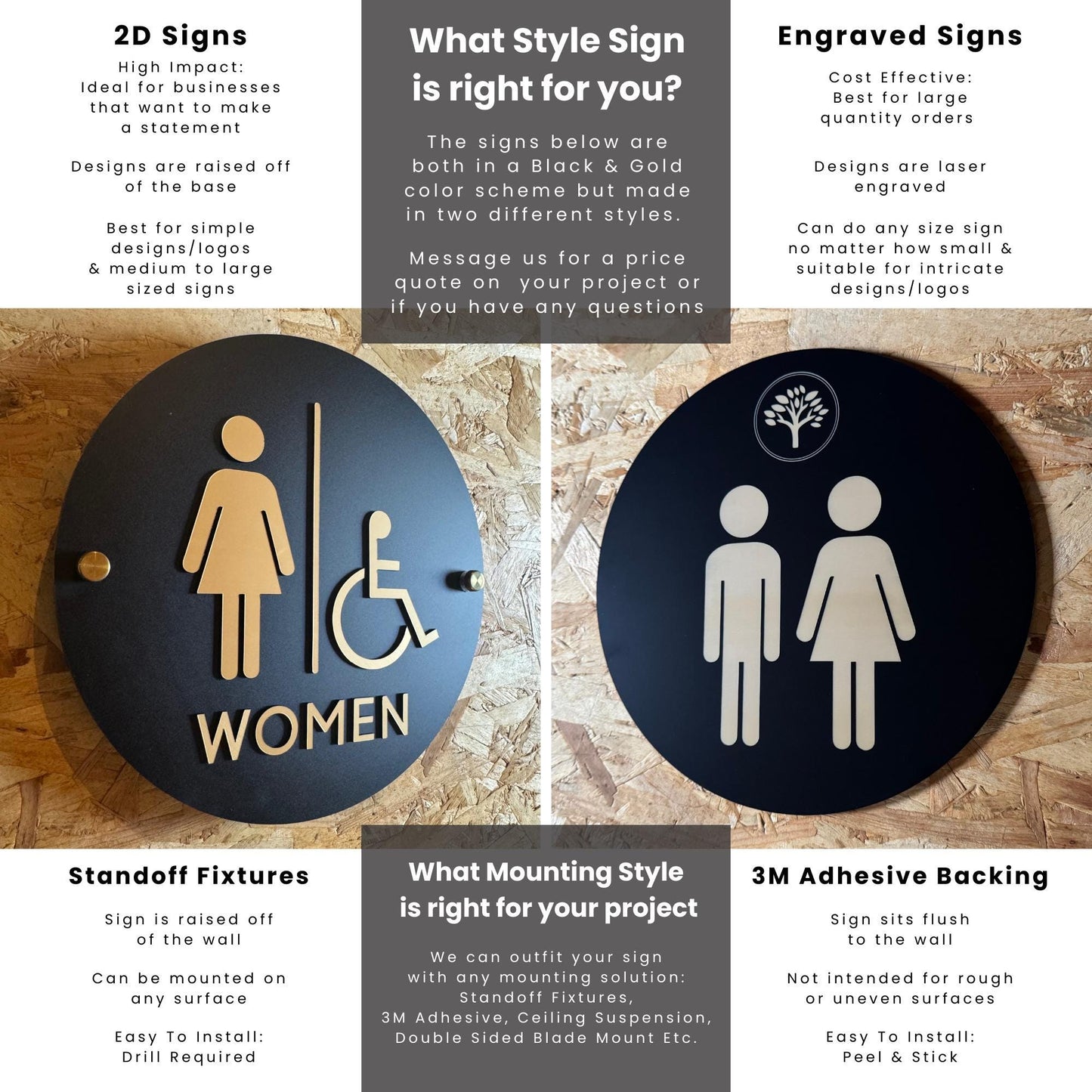 Clear and Gold Acrylic Bathroom Sign | Unisex Men Women Handicap Designs | Business Restroom Signs