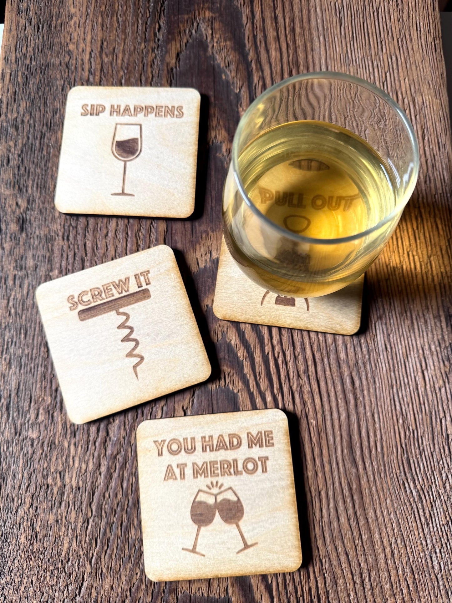 Wine Coasters | Set of 4 | Laser Engraved Real Wood with Cork Backing – Housewarming Gift