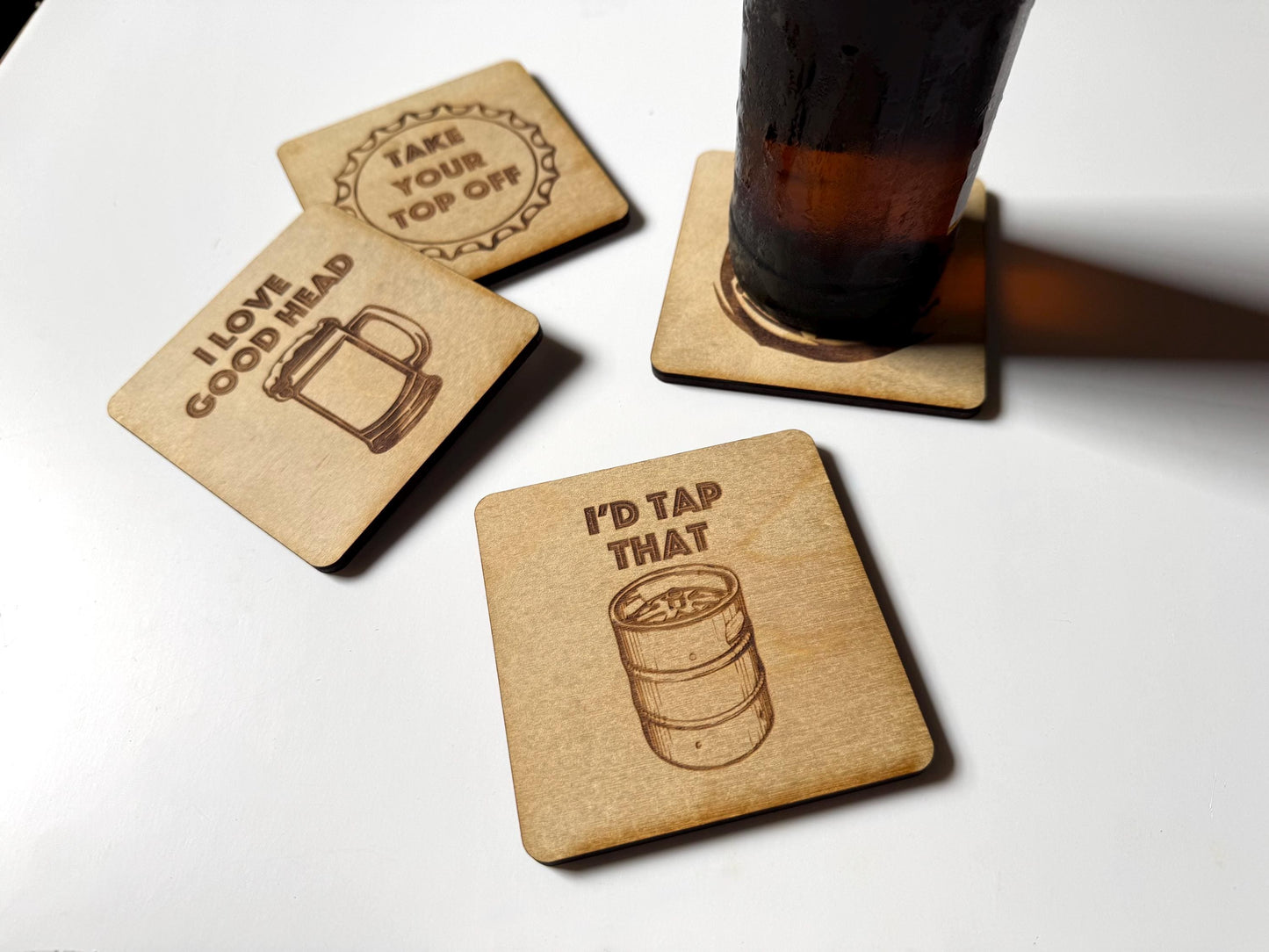 Beer Coasters | Set of 4 | Laser Engraved Real Wood Drink Coaster with Cork Backing - Housewarming Gift