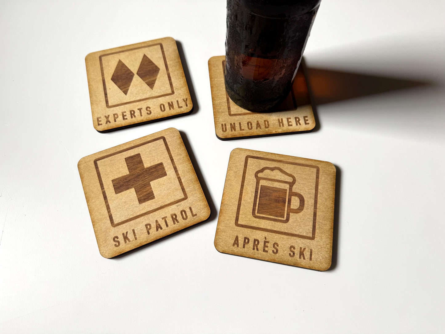 Apres Ski Drink Coaster | Set of 4 Mountain Sports Designs | Laser Engraved Real Wood with Cork Backing – Ski Cabin Decor