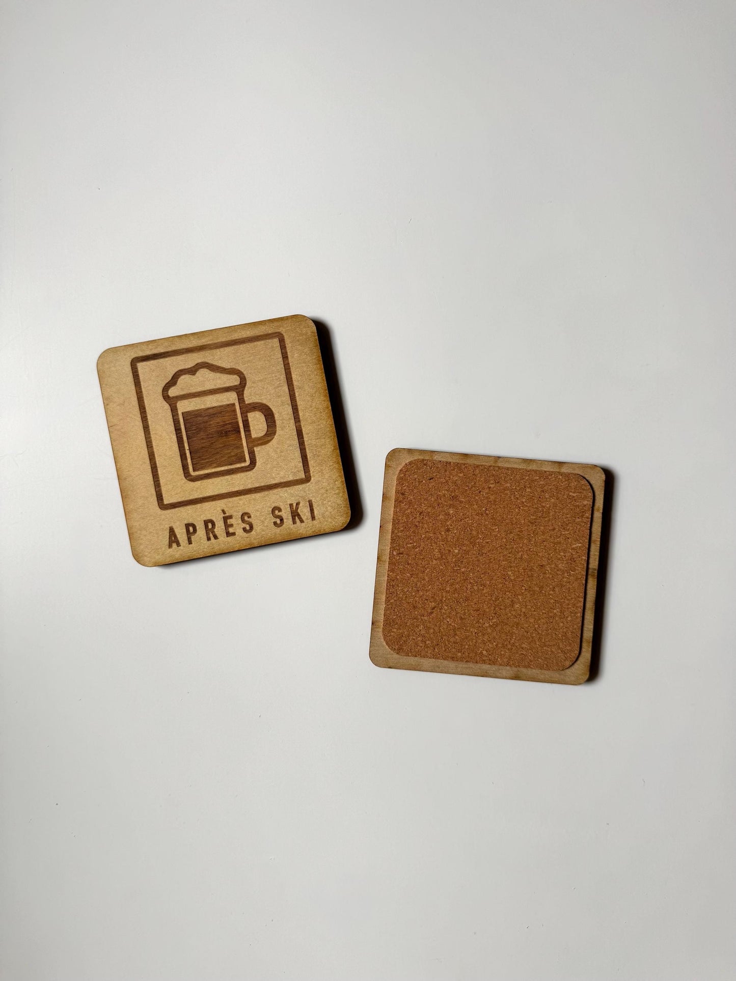 Apres Ski Drink Coaster | Set of 4 Mountain Sports Designs | Laser Engraved Real Wood with Cork Backing – Ski Cabin Decor