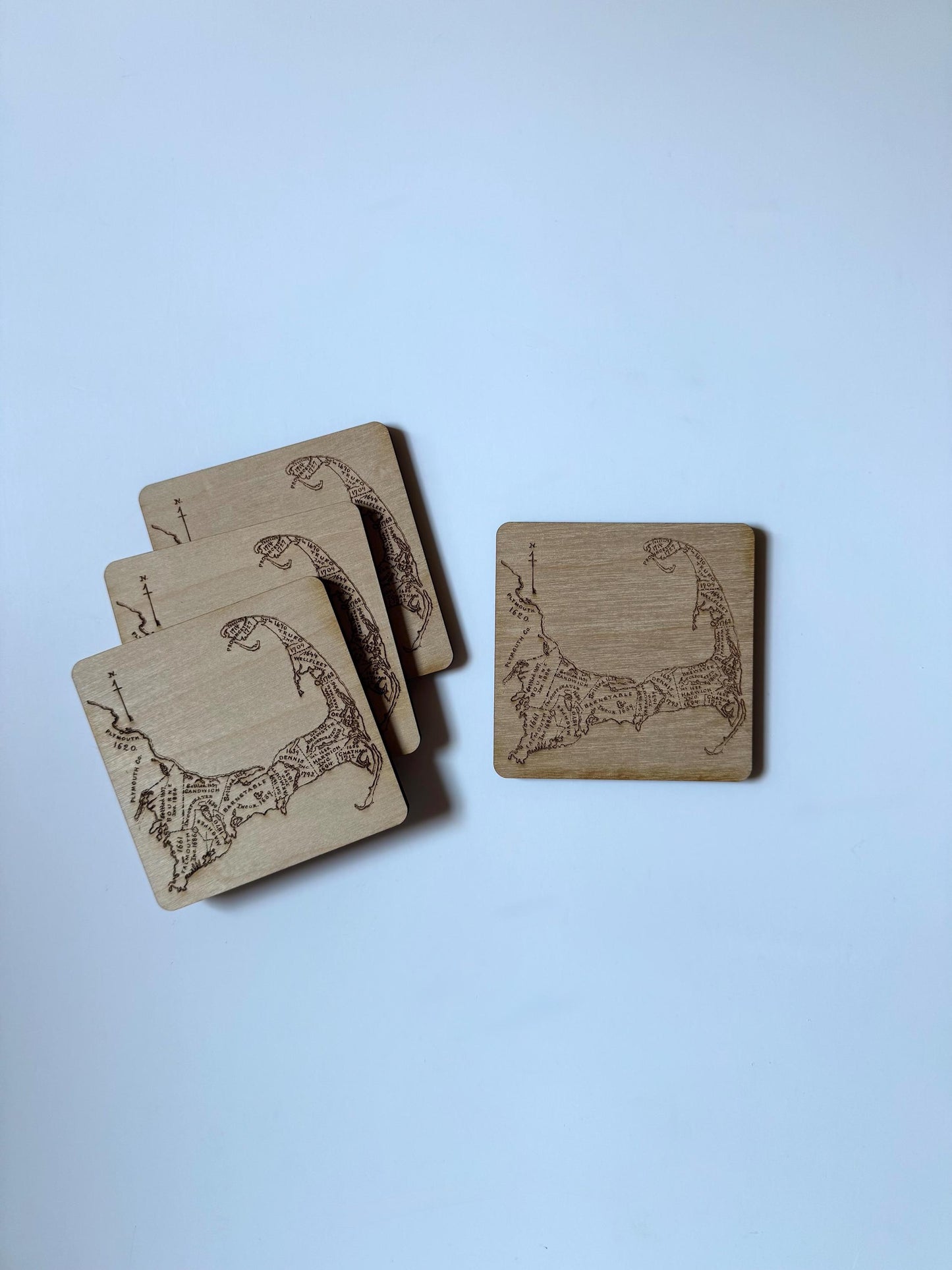 Cape Cod Map Drink Coasters Set | Laser Engraved Real Wood with Cork Backing – East Coast Coastal Decor Housewarming Gift