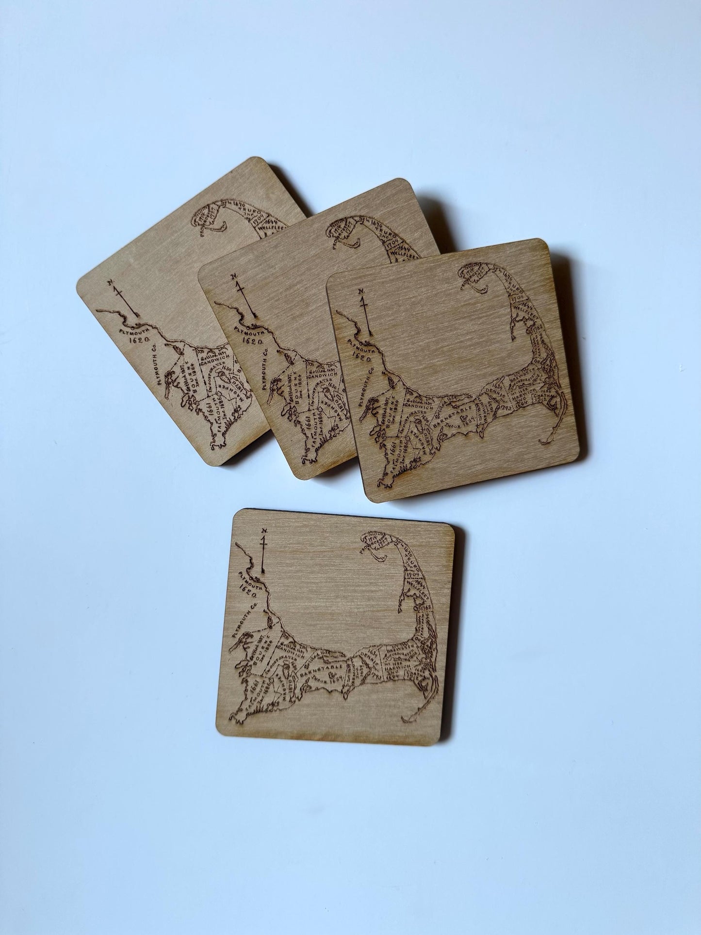 Cape Cod Map Drink Coasters Set | Laser Engraved Real Wood with Cork Backing – East Coast Coastal Decor Housewarming Gift