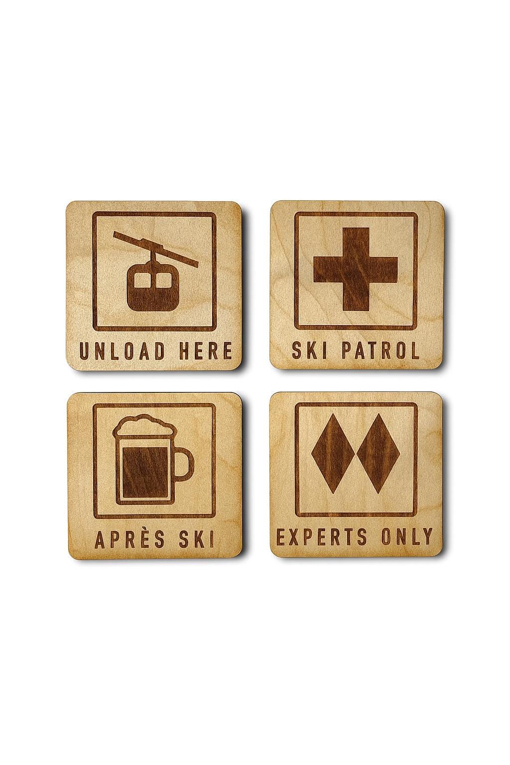 Apres Ski Drink Coaster | Set of 4 Mountain Sports Designs | Laser Engraved Real Wood with Cork Backing – Ski Cabin Decor