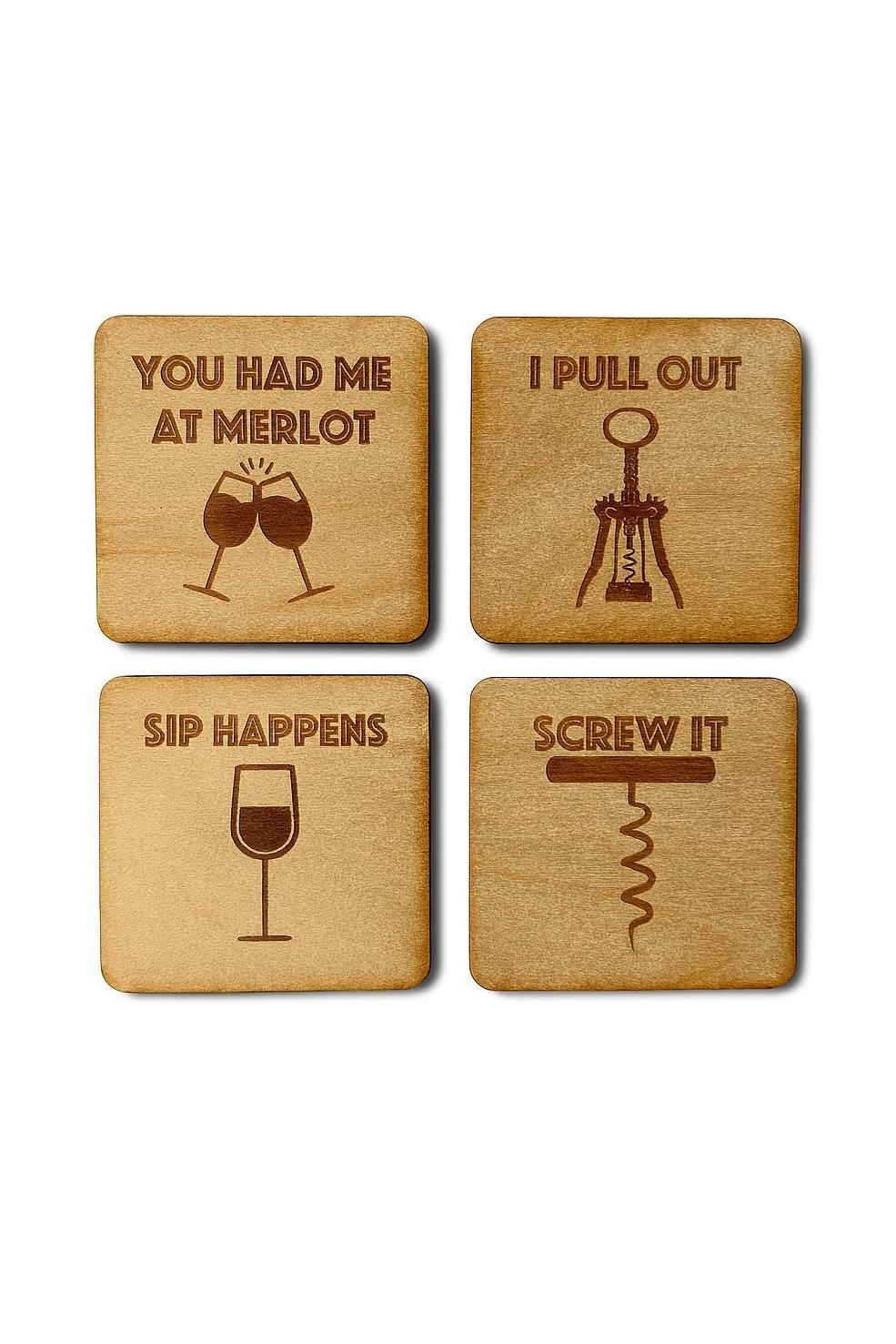 Wine Coasters | Set of 4 | Laser Engraved Real Wood with Cork Backing – Housewarming Gift