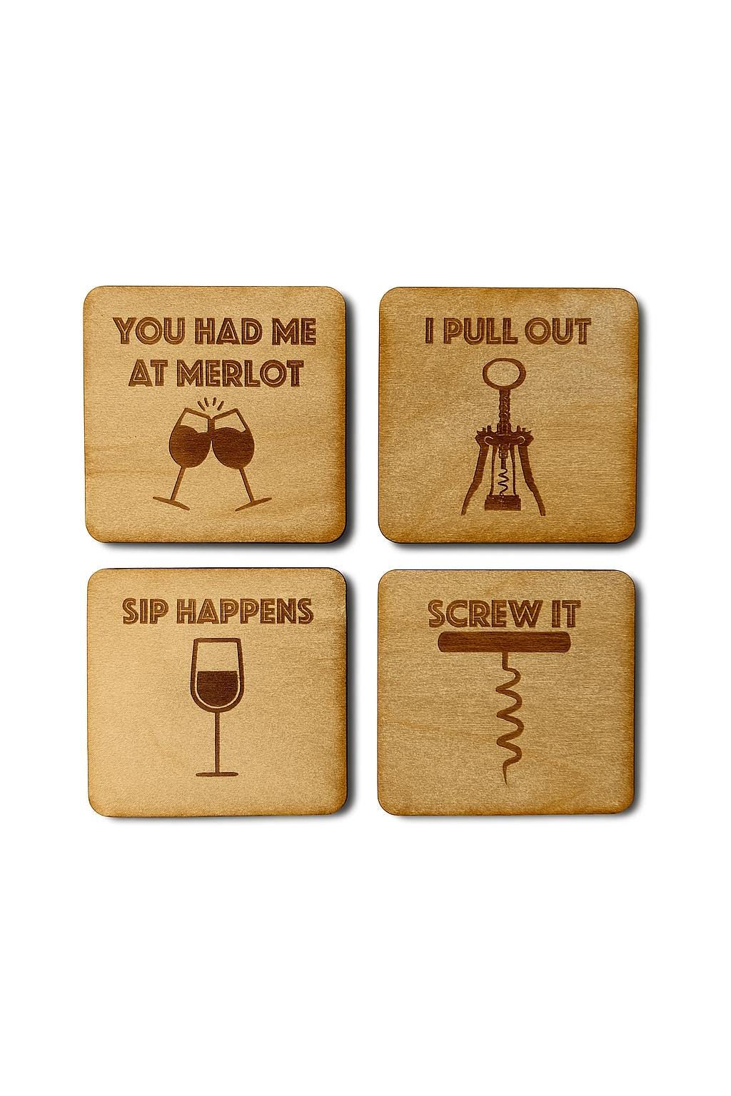 Wine Coasters | Set of 4 | Laser Engraved Real Wood with Cork Backing – Housewarming Gift