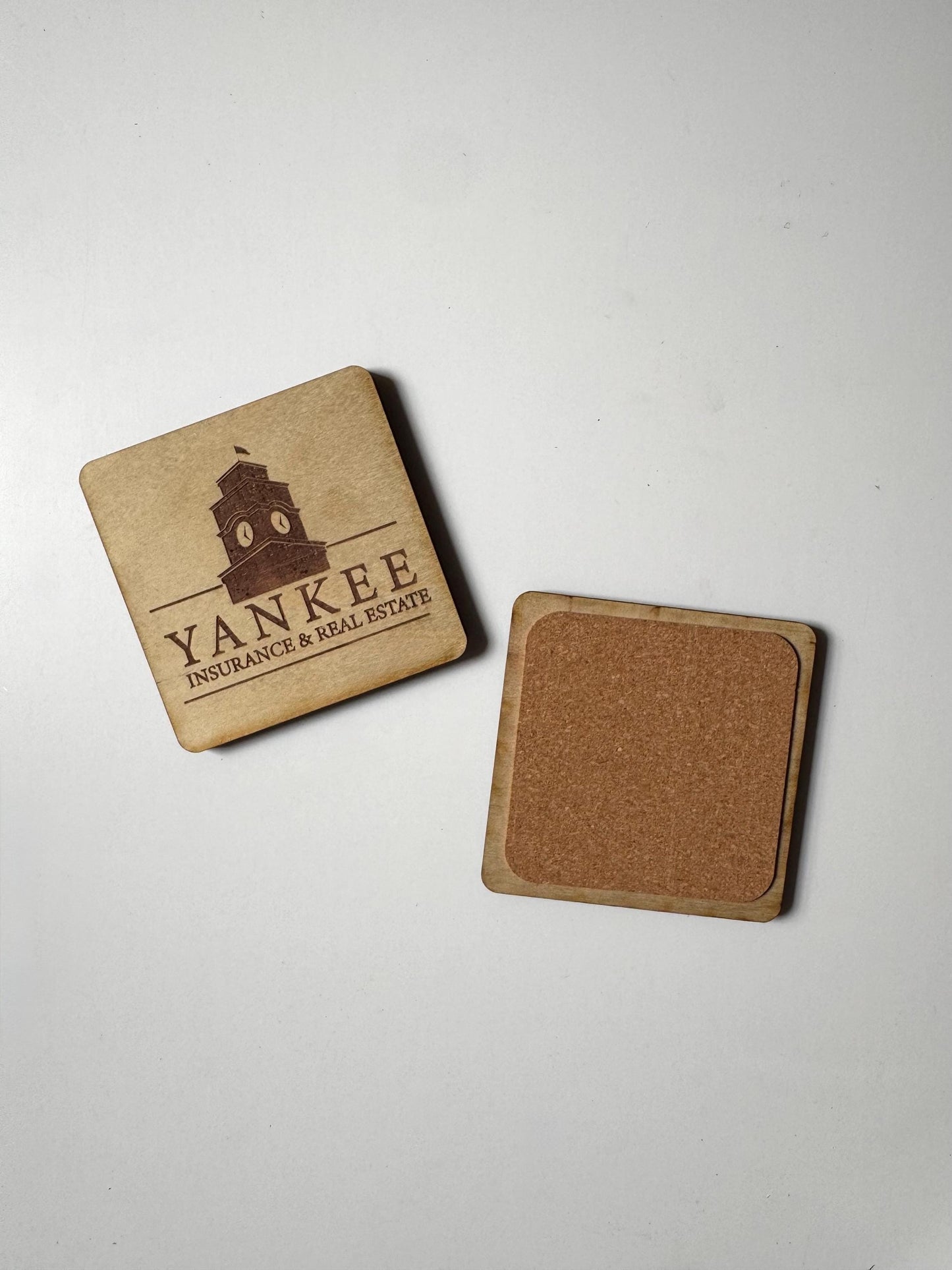 Custom Design Drink Coaster | Laser Engraved Real Wood with Cork Backing – Client Gifts, Wedding Favor, or Custom Logo Swag