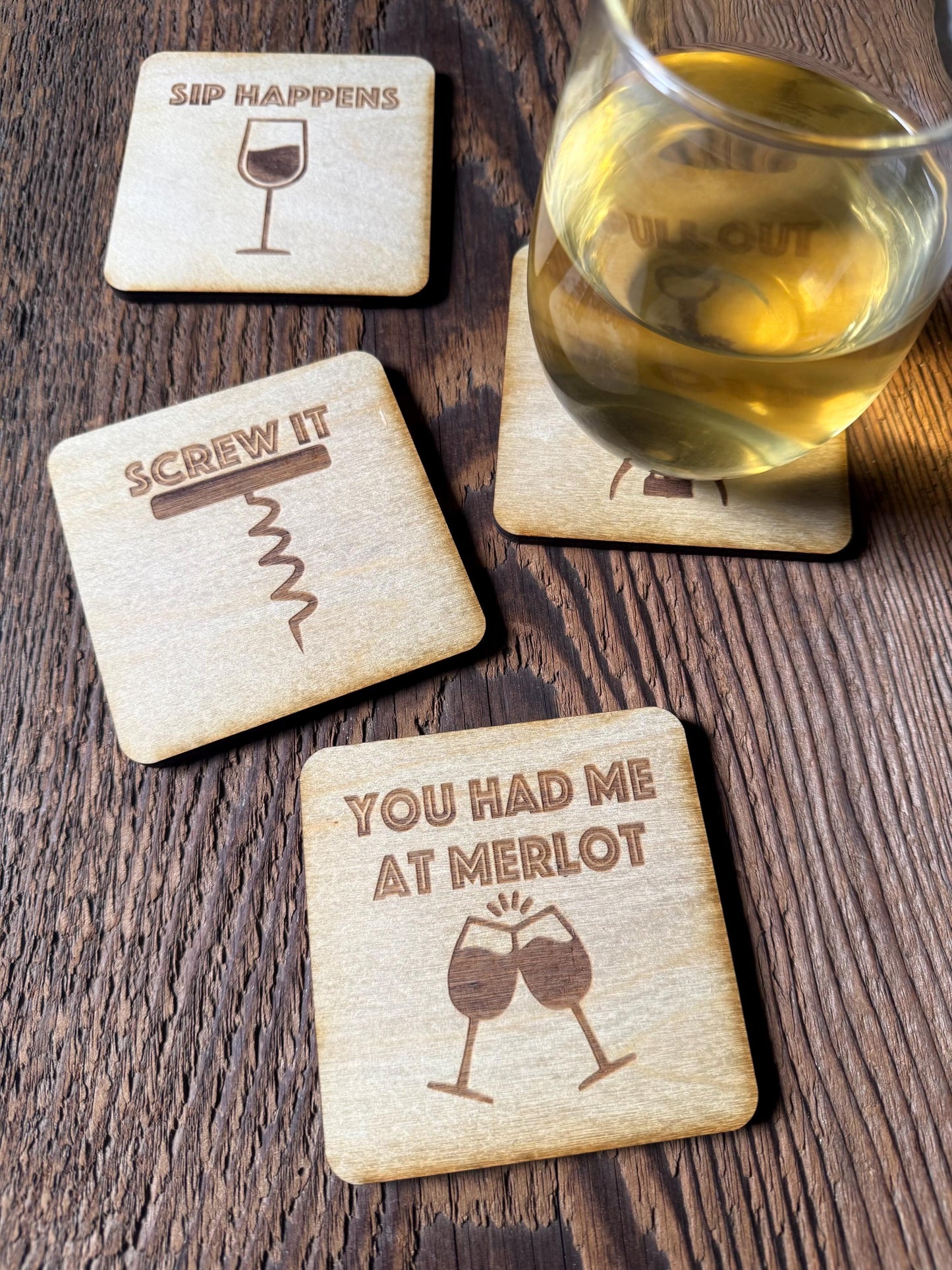 Wine Coasters | Set of 4 | Laser Engraved Real Wood with Cork Backing – Housewarming Gift