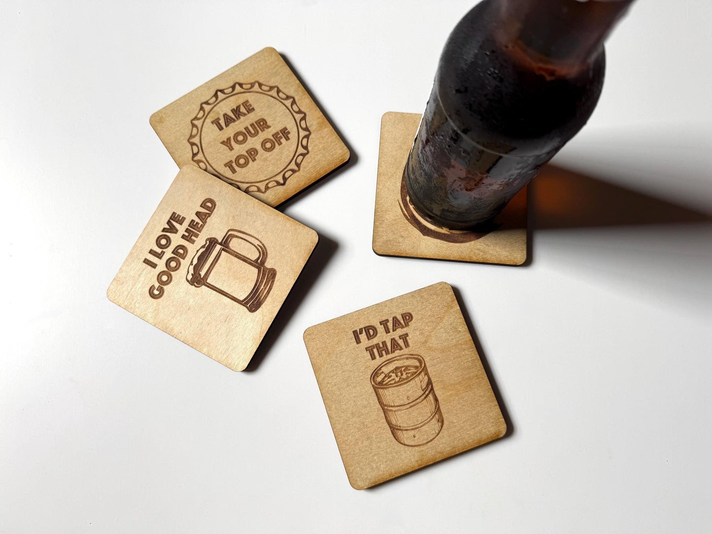 Beer Coasters | Set of 4 | Laser Engraved Real Wood Drink Coaster with Cork Backing - Housewarming Gift