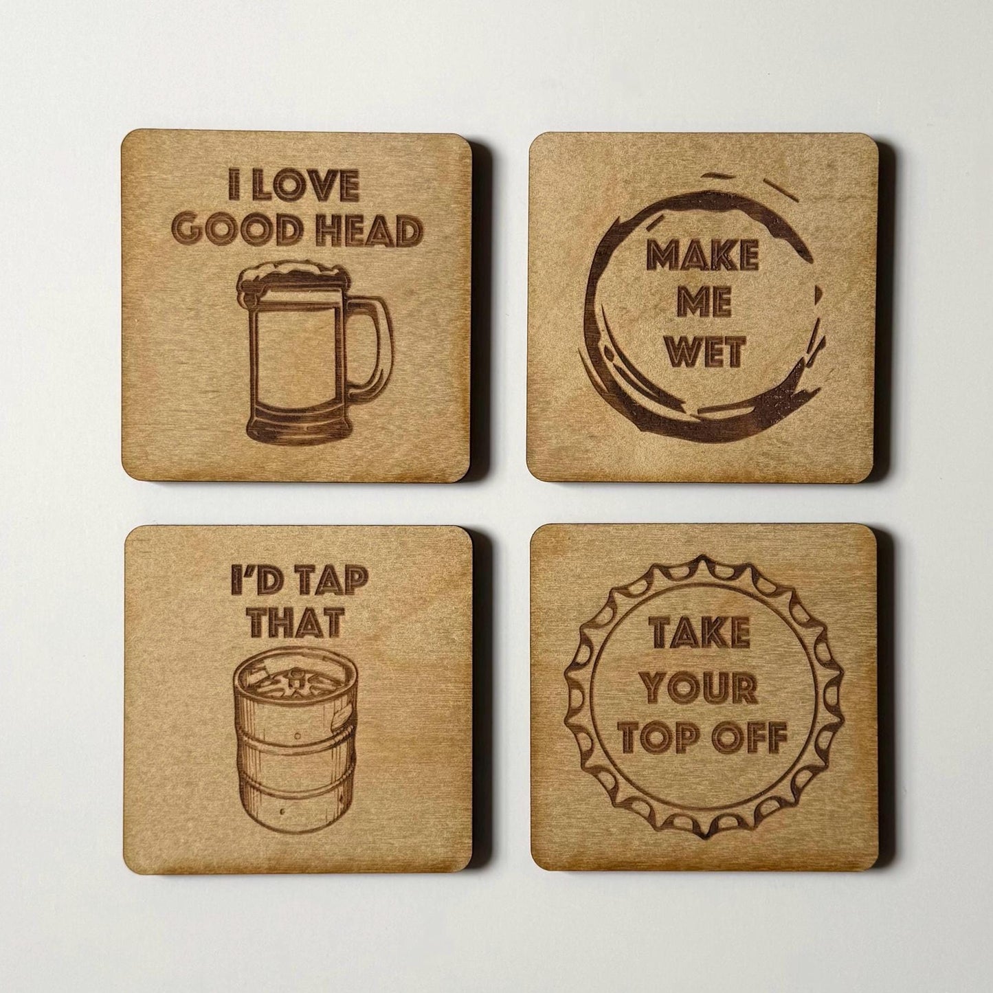 Beer Coasters | Set of 4 | Laser Engraved Real Wood Drink Coaster with Cork Backing - Housewarming Gift