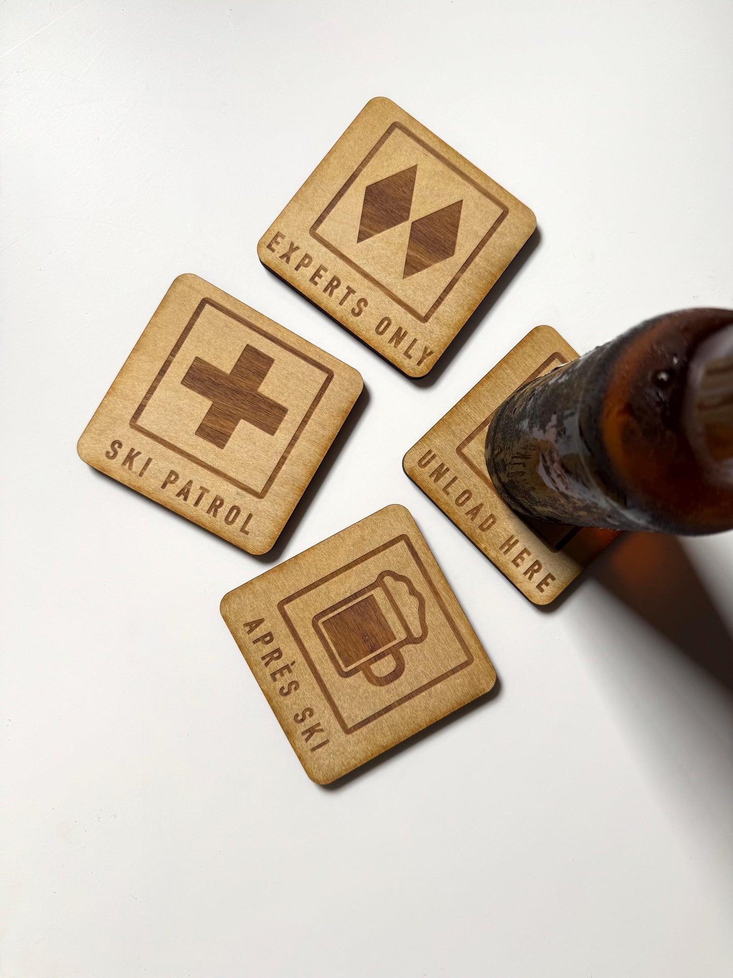 Apres Ski Drink Coaster | Set of 4 Mountain Sports Designs | Laser Engraved Real Wood with Cork Backing – Ski Cabin Decor