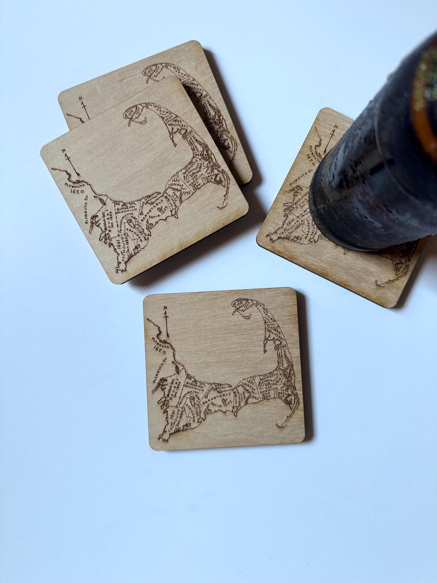 Cape Cod Map Drink Coasters Set | Laser Engraved Real Wood with Cork Backing – East Coast Coastal Decor Housewarming Gift