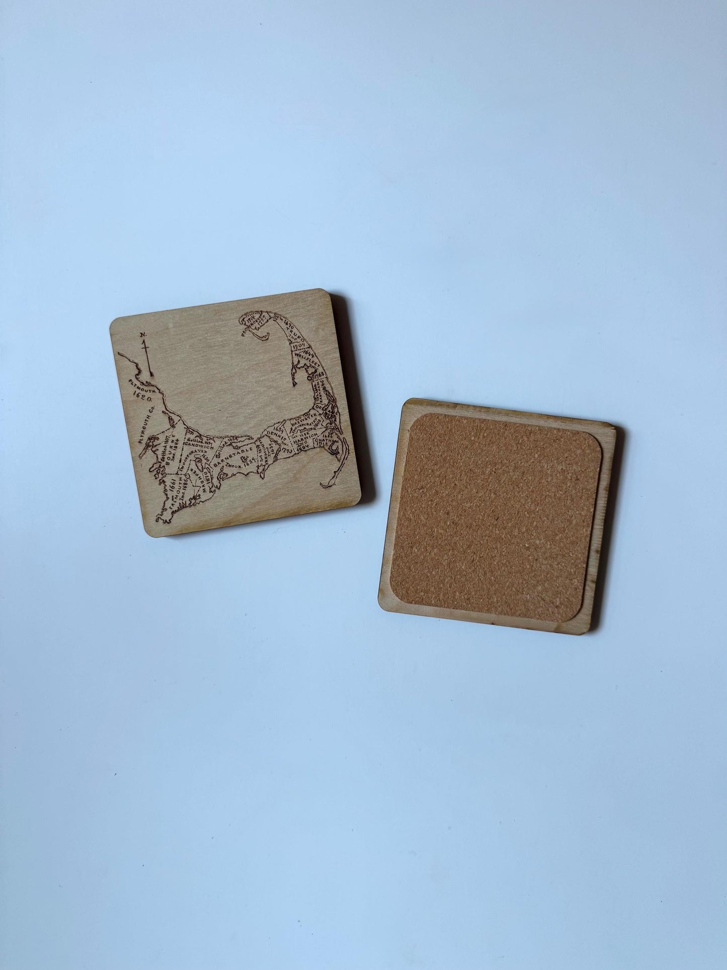 Cape Cod Map Drink Coasters Set | Laser Engraved Real Wood with Cork Backing – East Coast Coastal Decor Housewarming Gift