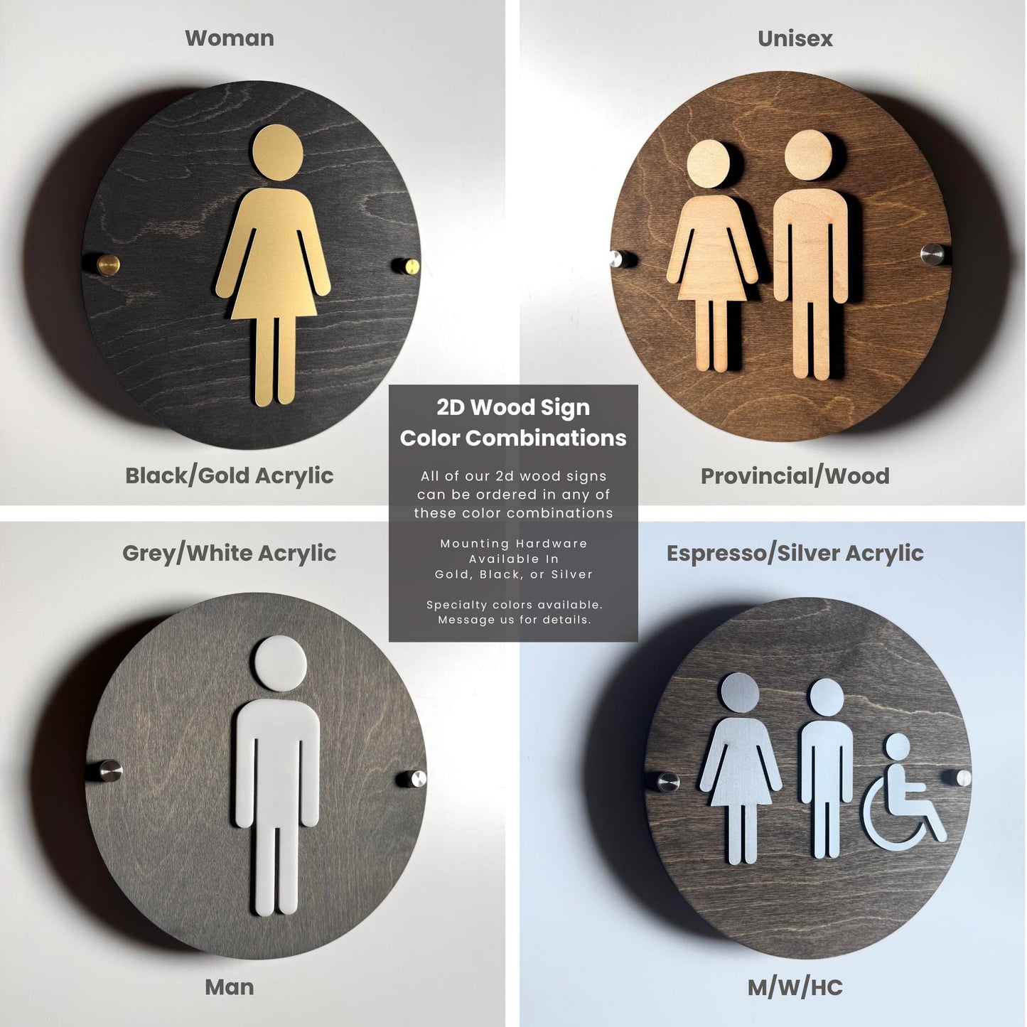 Wood & Glossy White Acrylic Bathroom Sign | Unisex Men Women Handicap Designs | Business Restroom Signs