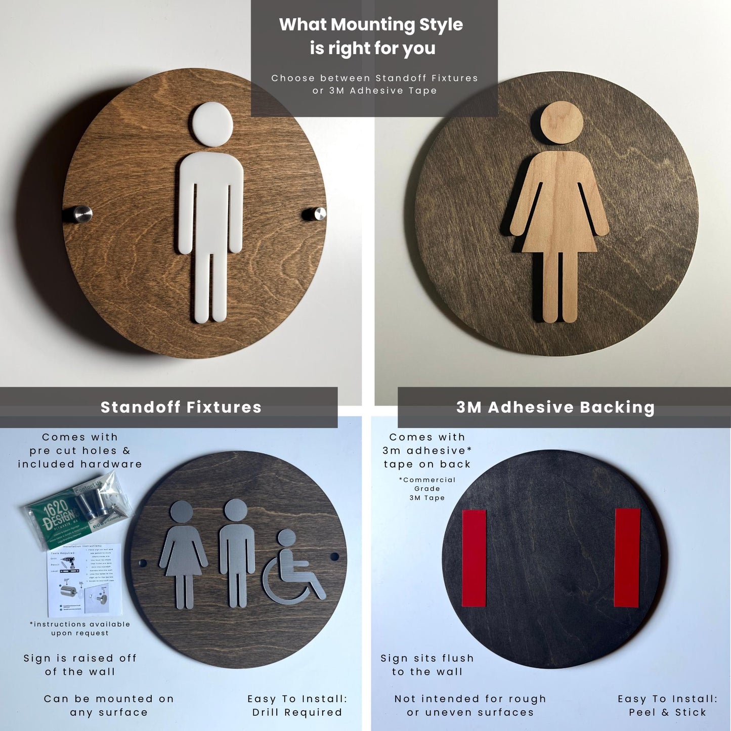 Wood & Gold Acrylic Bathroom Sign | Unisex Men Women Handicap Designs | Business Restroom Signs