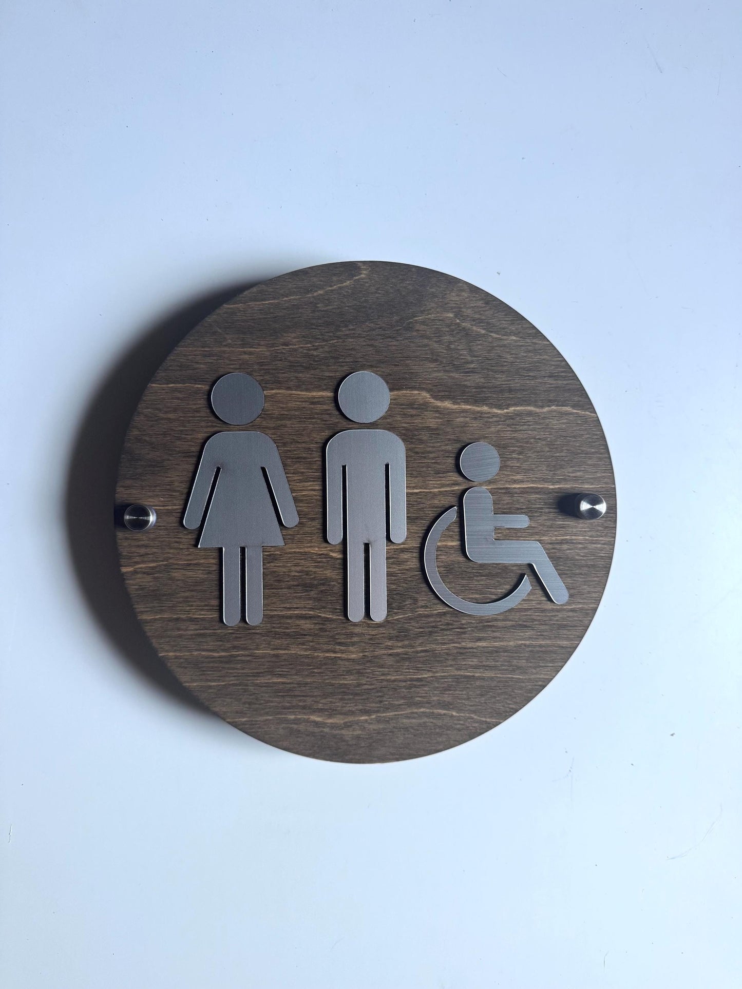 Wood & Silver Acrylic Bathroom Sign | Unisex Men Women Handicap Designs | Business Restroom Signs