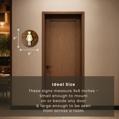 Round Wooden Bathroom Sign | Floating Restroom Door Sign