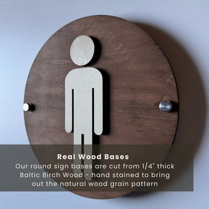 Round Wooden Bathroom Sign | Floating Restroom Door Sign