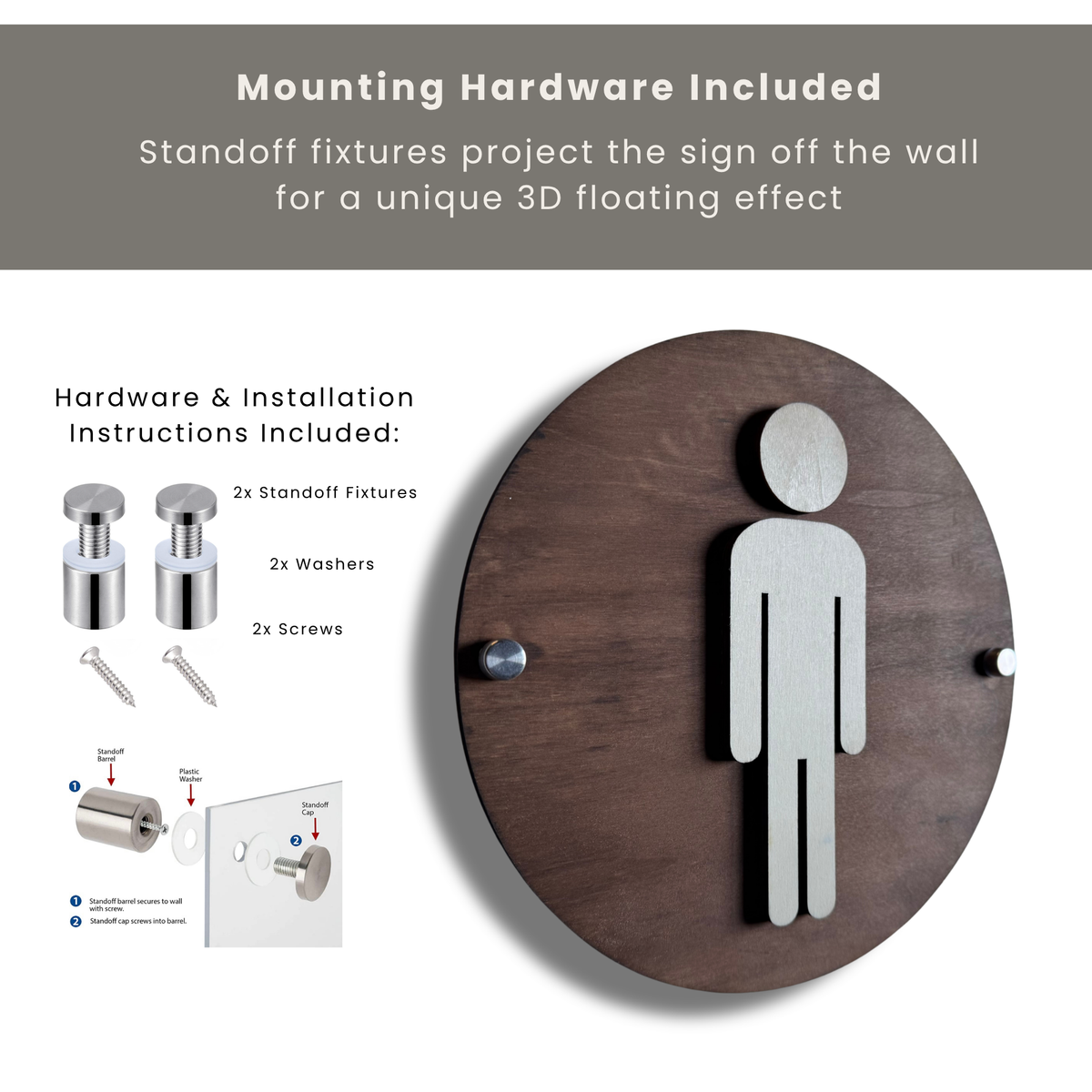 Round Wooden Bathroom Sign | Floating Restroom Door Sign