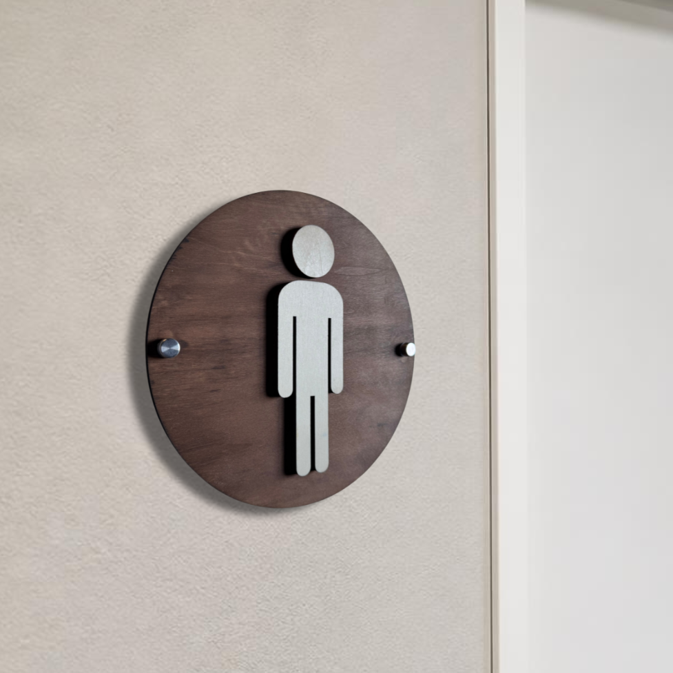 Round Wooden Bathroom Sign | Floating Restroom Door Sign