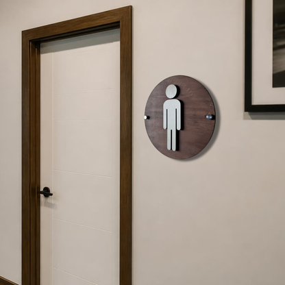 Round Wooden Bathroom Sign | Floating Restroom Door Sign