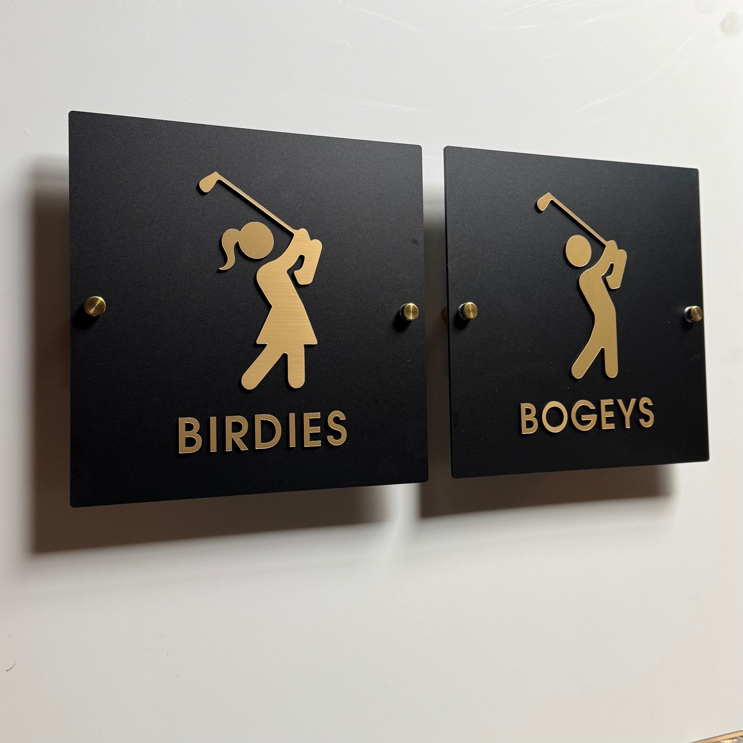 Birdie & Bogey Golf Restroom Sign, Black & Gold Acrylic | Custom Sign | 1620 Designs