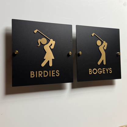 Birdie & Bogey Golf Restroom Sign, Black & Gold Acrylic | Custom Sign | 1620 Designs
