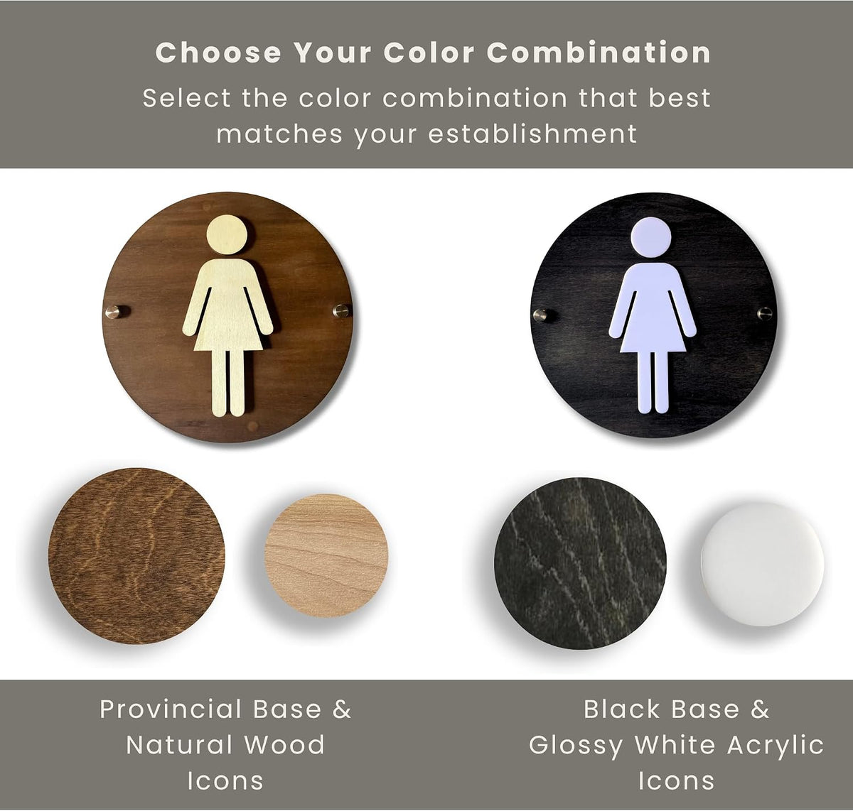 Round Wooden Bathroom Sign | Floating Restroom Door Sign