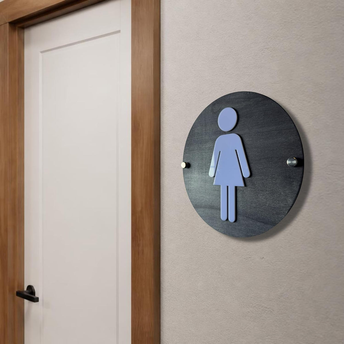 Round Wooden Bathroom Sign | Floating Restroom Door Sign