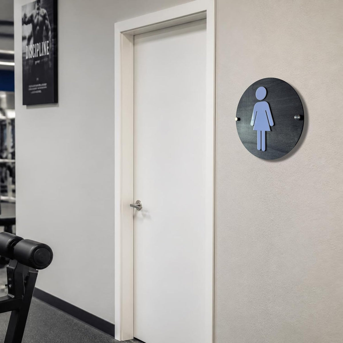 Round Wooden Bathroom Sign | Floating Restroom Door Sign