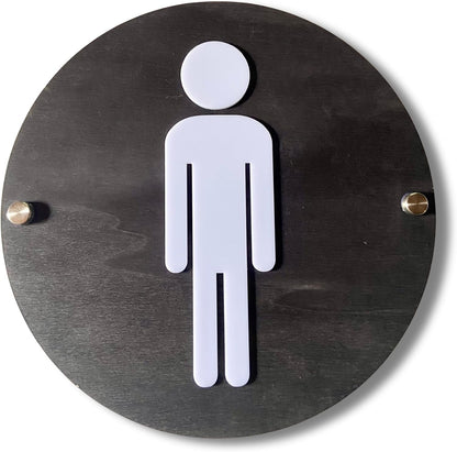Round Wooden Bathroom Sign | Floating Restroom Door Sign