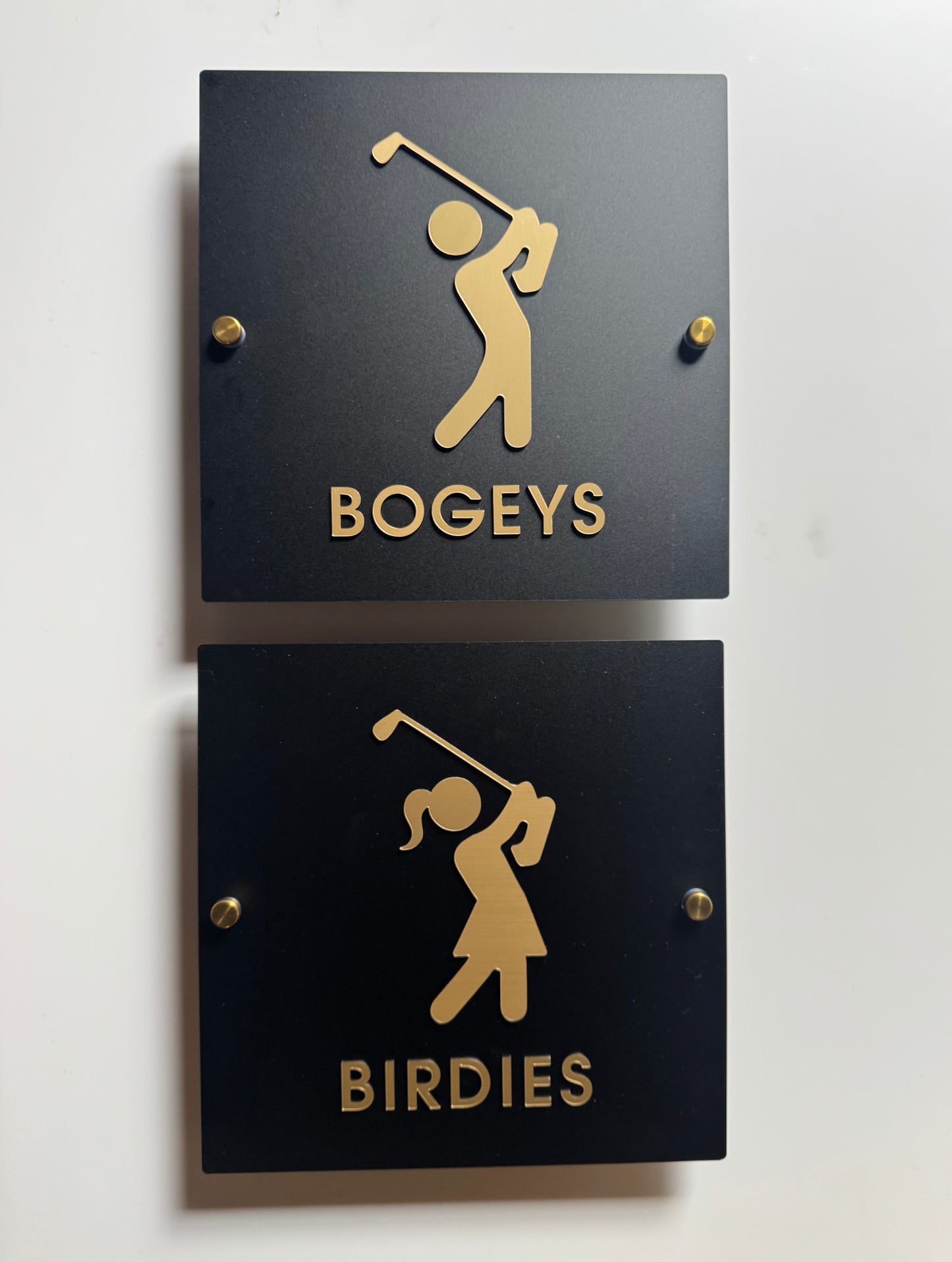 Birdie & Bogey Golf Restroom Sign, Black & Gold Acrylic | Custom Sign | 1620 Designs