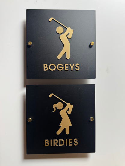 Birdie & Bogey Golf Restroom Sign, Black & Gold Acrylic | Custom Sign | 1620 Designs