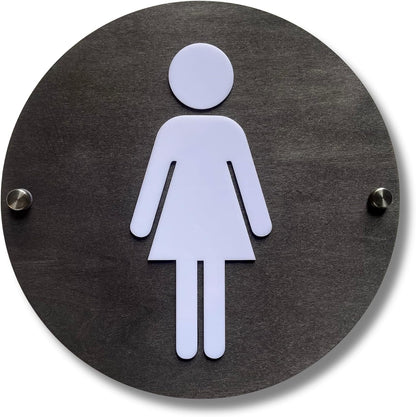 Round Wooden Bathroom Sign | Floating Restroom Door Sign