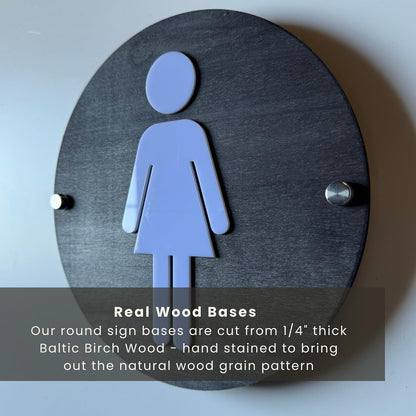 Round Wooden Bathroom Sign | Floating Restroom Door Sign