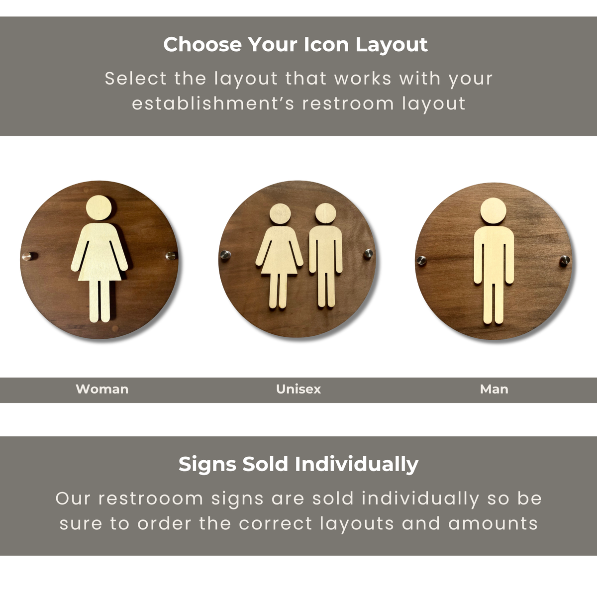 Round Wooden Bathroom Sign | Floating Restroom Door Sign