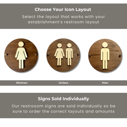Round Wooden Bathroom Sign | Floating Restroom Door Sign