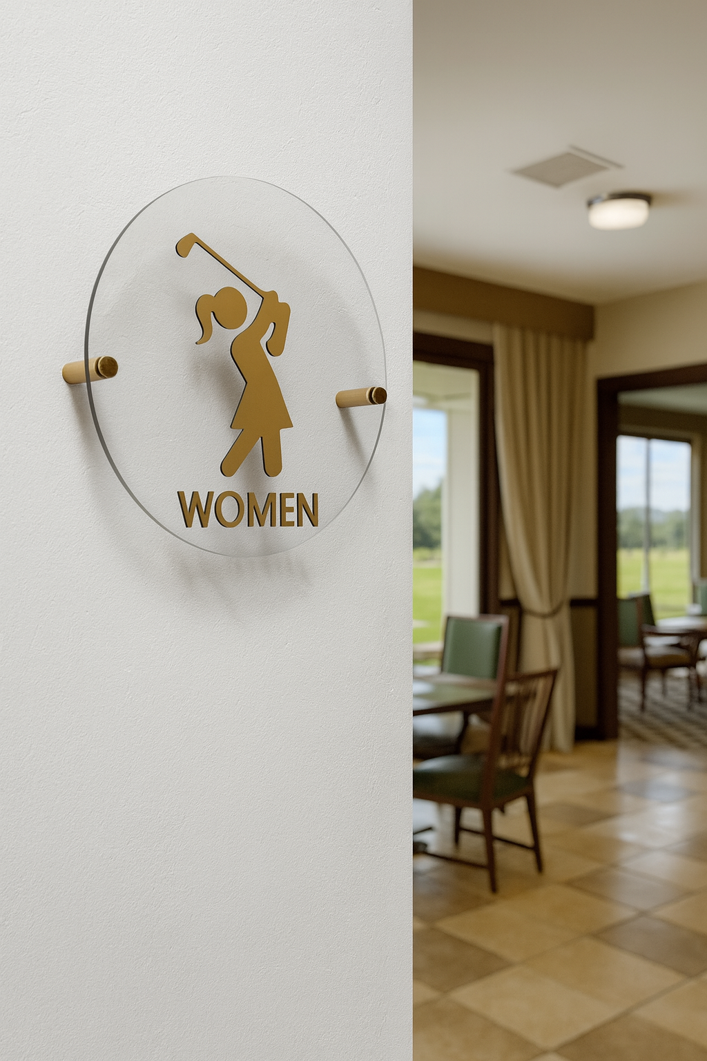 Golf Restroom Signs | Men & Women Bathroom or Locker Room Signage | Gold Acrylic Golf Icons for Clubhouses & Pro Shops